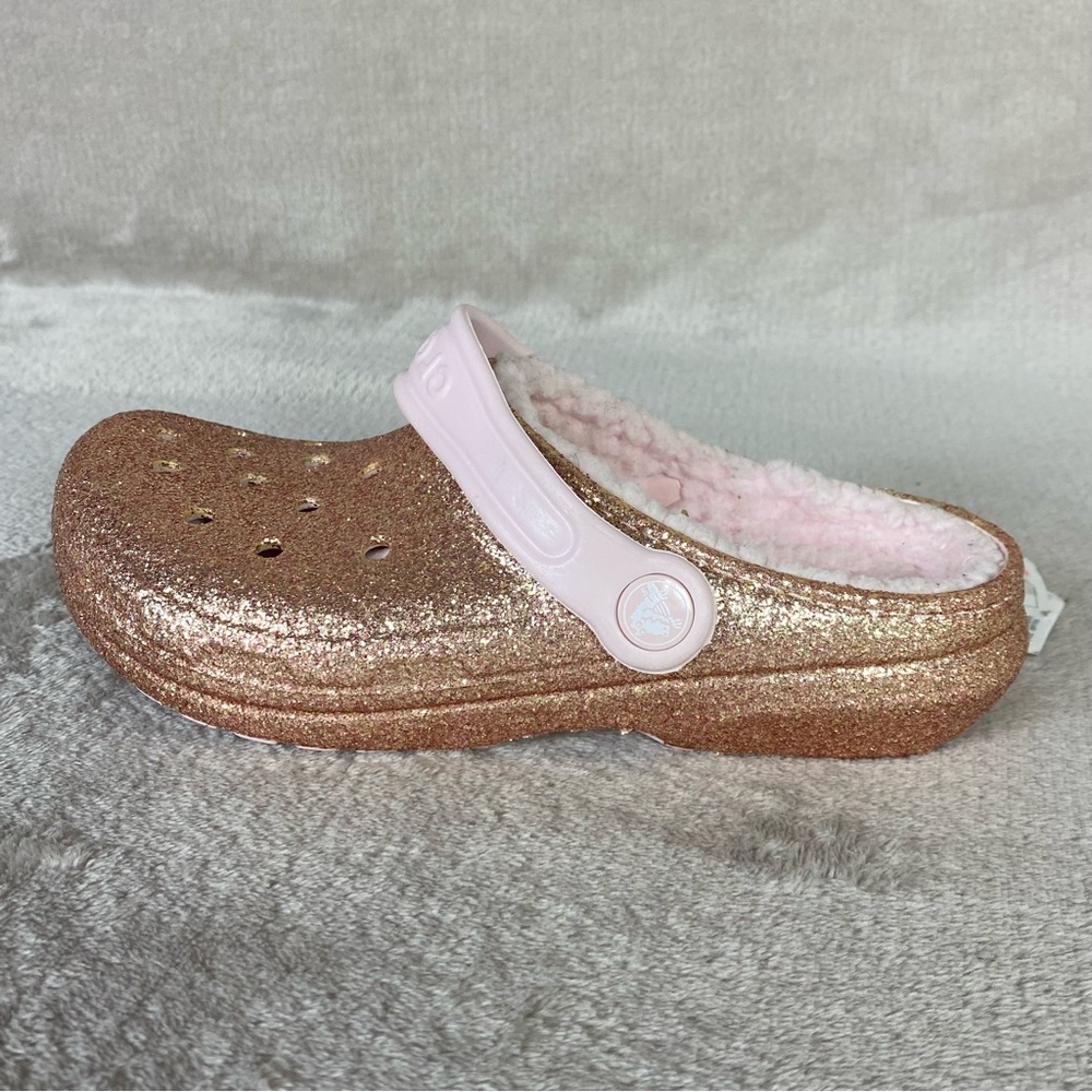 CROCS Classic Glitter Girls Kids Clogs Sandals Size 3 Pink Gold Slip On Shoe NEW - Picture 2 of 11